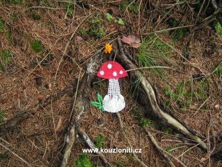 4 - pravé houbičky "kuřátka" a paličkovaná muchomůrka v kořenech stromu